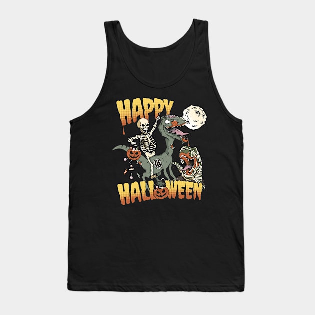 Skeleton Riding Zombie Dinosaur Happy Halloween Tank Top by NerdShizzle